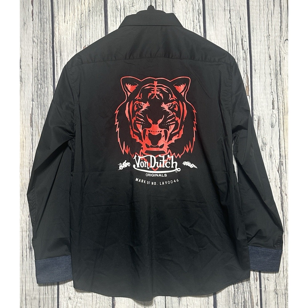 Von Dutch Button Up Shirt Mens Large Black w Red‎ Lion Graphic Logo Denim Cuffs